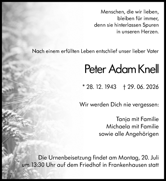 Traueranzeige von Peter Adam Knell von Darmstädter Echo