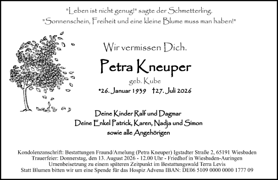 Traueranzeige von Petra Kneuper von Wiesbadener Kurier