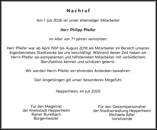 Traueranzeige von Philipp Pfeifer von Starkenburger Echo