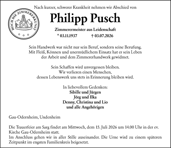Traueranzeige von Philipp Pusch von Allgemeine Zeitung Alzey