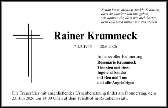Traueranzeige von Rainer Krummeck von Rüsselsheimer Echo