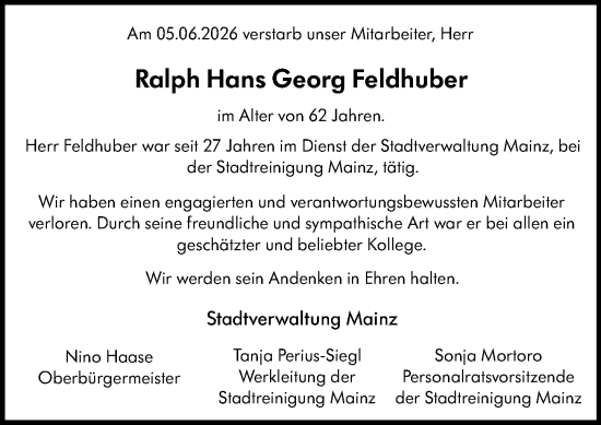 Traueranzeige von Ralph Hans Georg Feldhuber von Allgemeine Zeitung Mainz