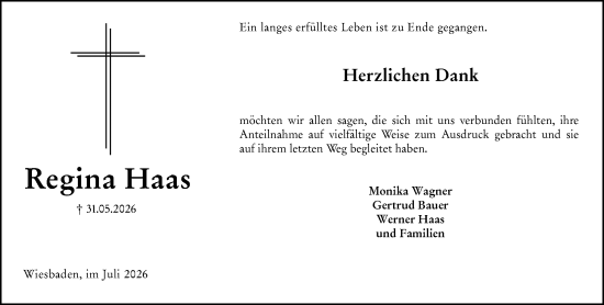 Traueranzeige von Regina Haas von Wiesbadener Kurier