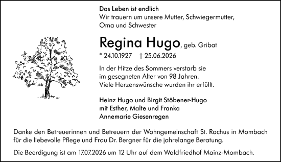Traueranzeige von Regina Hugo von Allgemeine Zeitung Mainz
