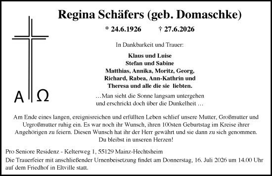Traueranzeige von Regina Schäfers von Wiesbadener Kurier