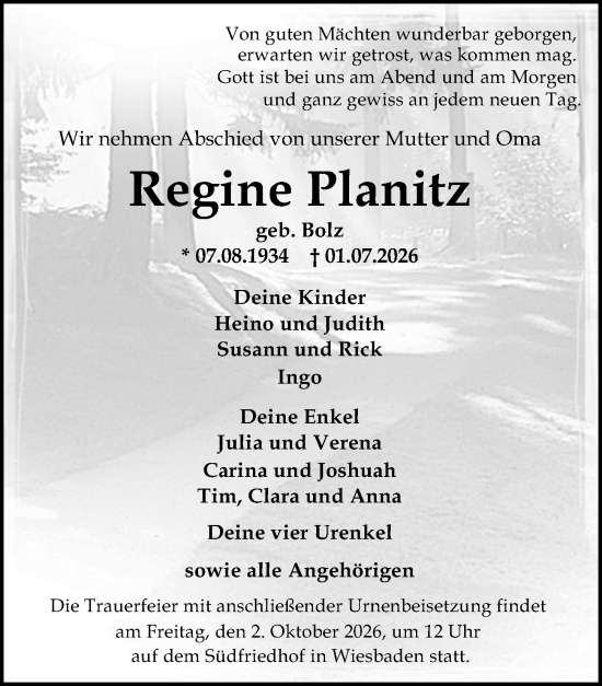 Traueranzeige von Regine Planitz von Wiesbadener Kurier