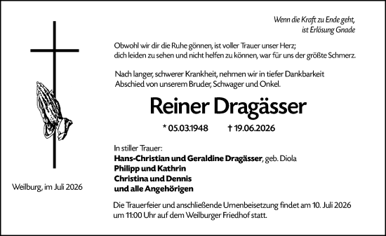 Traueranzeige von Reiner Dragässer von Weilburger Tageblatt