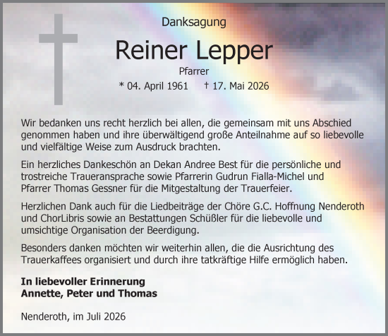 Traueranzeige von Reiner Lepper von Weilburger Tageblatt