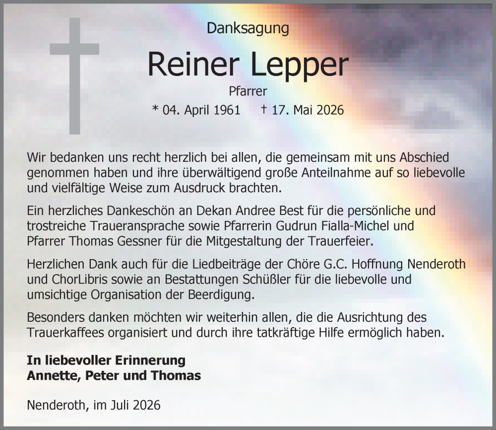  Traueranzeige für Reiner Lepper vom 04.07.2026 aus Weilburger Tageblatt