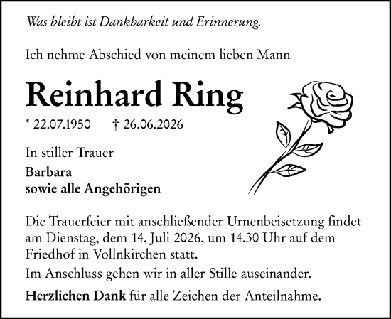 Traueranzeige von Reinhard Ring von Wetzlarer Neue Zeitung