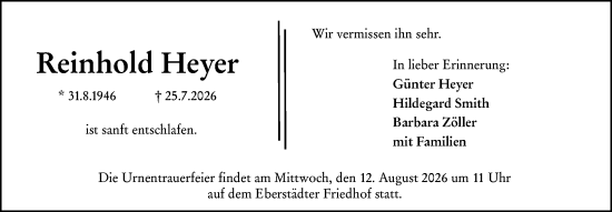 Traueranzeige von Reinhold Heyer von Darmstädter Echo