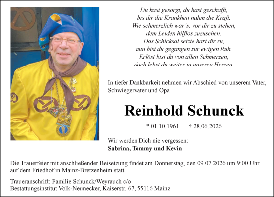 Traueranzeige von Reinhold Schunck von Allgemeine Zeitung Mainz
