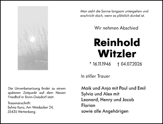 Traueranzeige von Reinhold Witzler von Wetzlarer Neue Zeitung