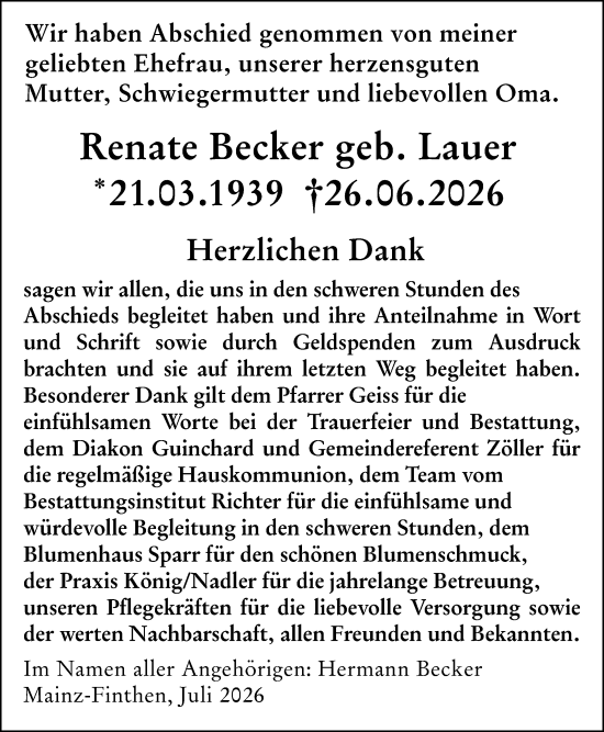 Traueranzeige von Renate Becker von Allgemeine Zeitung Mainz
