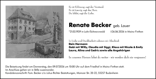 Traueranzeige von Renate Becker von Allgemeine Zeitung Mainz