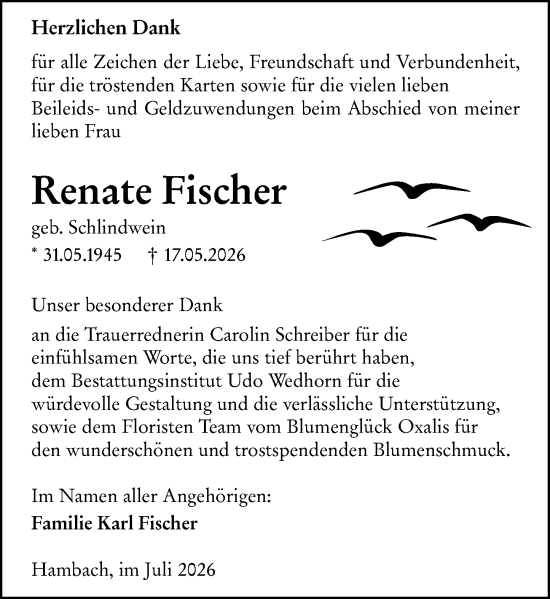 Traueranzeige von Renate Fischer von Starkenburger Echo