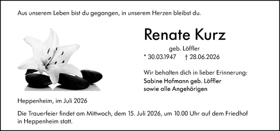 Traueranzeige von Renate Kurz von Starkenburger Echo