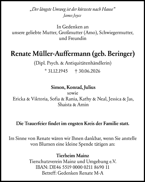 Traueranzeige von Renate Müller-Auffermann von Allgemeine Zeitung Mainz