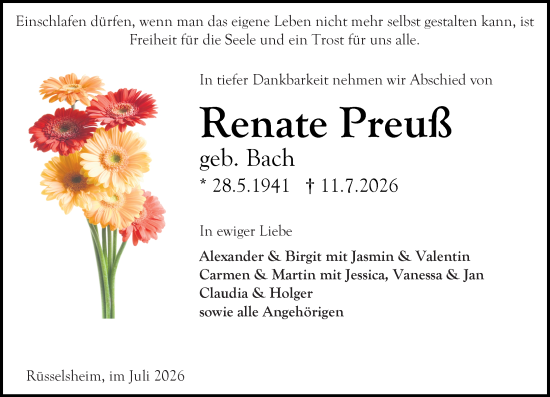 Traueranzeige von Renate Preuß von Rüsselsheimer Echo