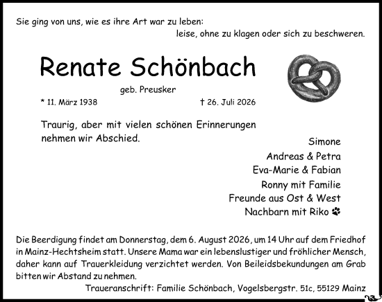 Traueranzeige von Renate Schönbach von Allgemeine Zeitung Mainz