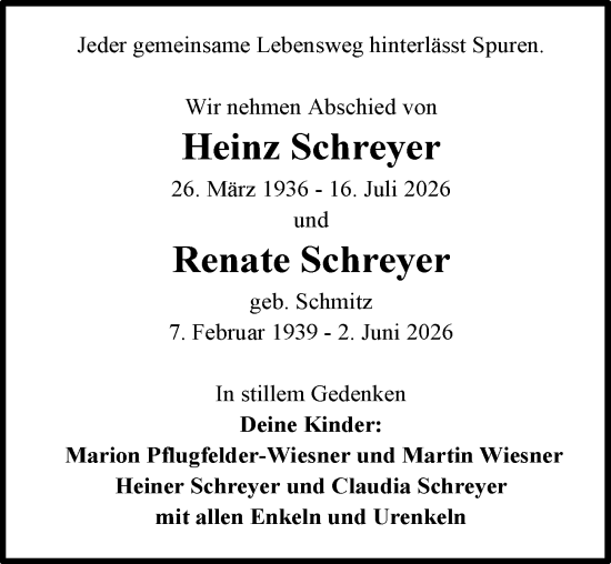 Traueranzeige von Renate Schreyer von Wiesbadener Kurier