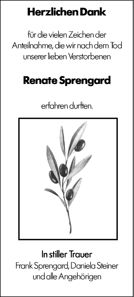 Traueranzeige von Renate Sprengard von Allgemeine Zeitung Mainz