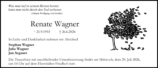 Traueranzeige von Renate Wagner von Darmstädter Echo