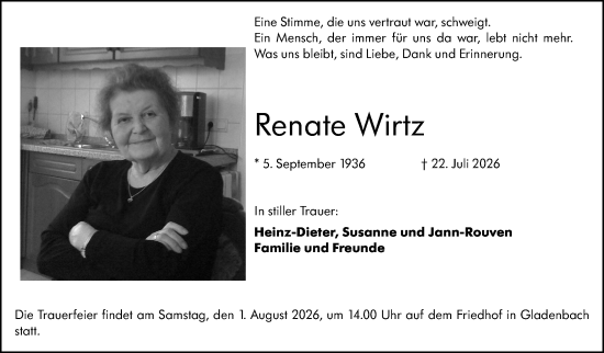 Traueranzeige von Renate Wirtz von Hinterländer Anzeiger