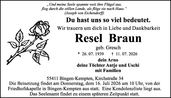 Traueranzeige von Resel Braun von Allgemeine Zeitung Rheinhessen-Nahe