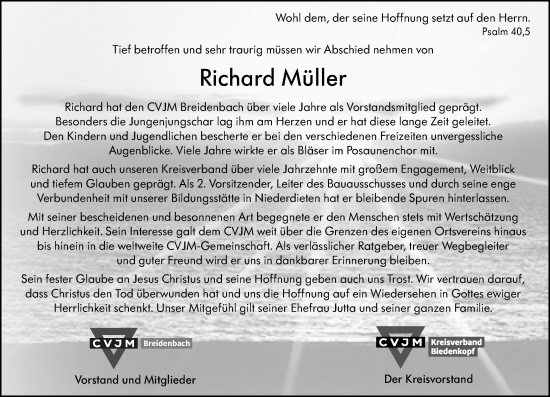 Traueranzeige von Richard Müller von Hinterländer Anzeiger