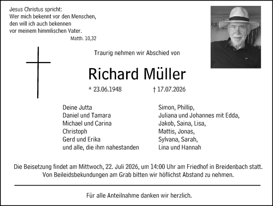 Traueranzeige von Richard Müller von Hinterländer Anzeiger