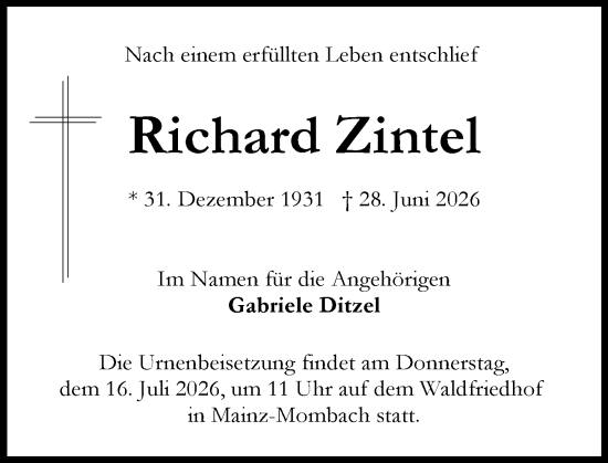 Traueranzeige von Richard Zintel von Allgemeine Zeitung Mainz