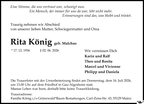 Traueranzeige von Rita König von Allgemeine Zeitung Rheinhessen-Nahe