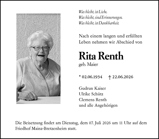 Traueranzeige von Rita Renth von Allgemeine Zeitung Mainz