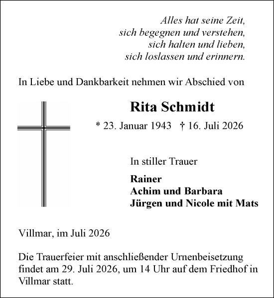 Traueranzeige von Rita Schmidt von Nassauische Neue Presse