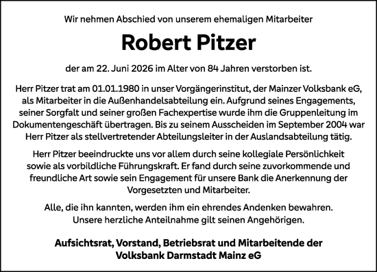 Traueranzeige von Robert Pitzer von Allgemeine Zeitung Rheinhessen-Nahe