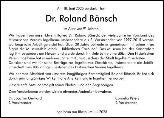 Traueranzeige von Roland Bänsch von Allgemeine Zeitung Rheinhessen-Nahe