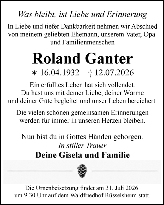 Traueranzeige von Roland Ganter von Rüsselsheimer Echo
