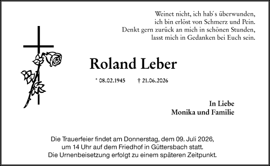 Traueranzeige von Roland Leber von Odenwälder Echo