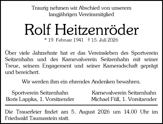 Traueranzeige von Rolf Heitzenröder von Rheingau-Taunus-Kreis Wochenblatt