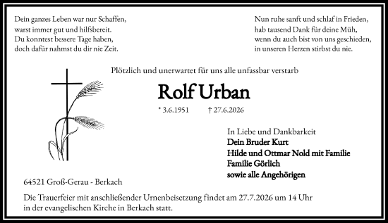 Traueranzeige von Rolf Urban von Groß-Gerauer Echo