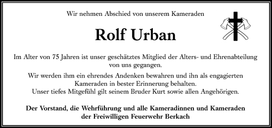 Traueranzeige von Rolf Urban von Groß-Gerauer Echo