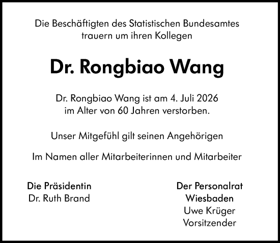 Traueranzeige von Rongbiao Wang von Wiesbadener Kurier