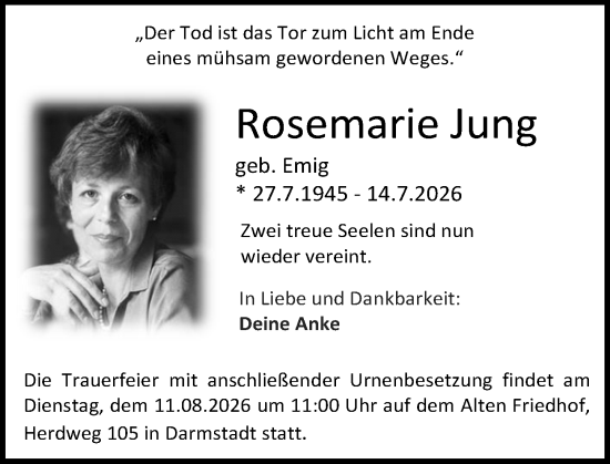 Traueranzeige von Rosemarie Jung von Dieburger Anzeiger/Groß-Zimmerner Lokal-Anzeiger