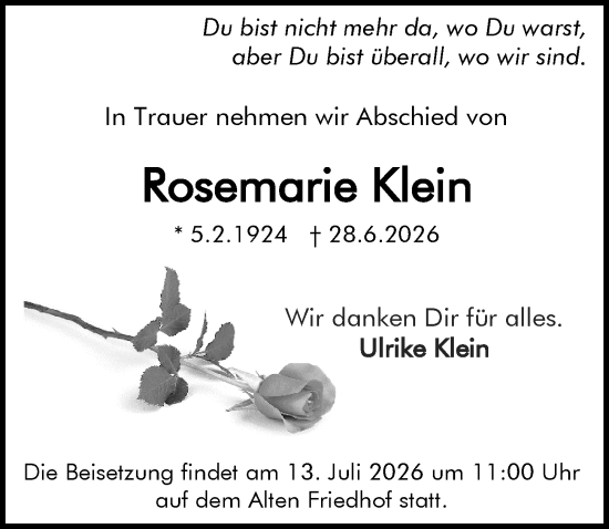 Traueranzeige von Rosemarie Klein von Darmstädter Echo
