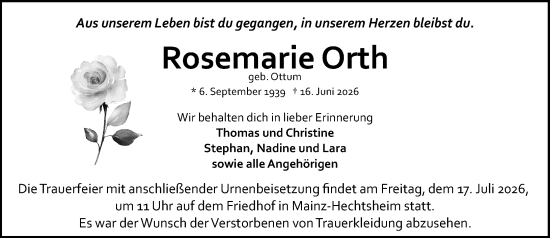 Traueranzeige von Rosemarie Orth von Allgemeine Zeitung Mainz