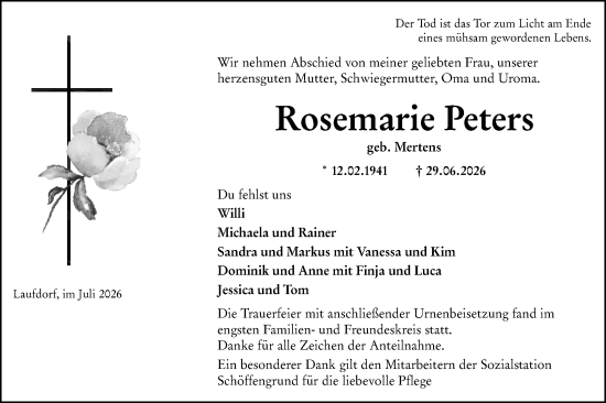 Traueranzeige von Rosemarie Peters von Wetzlarer Neue Zeitung