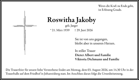 Traueranzeige von Roswitha Jakoby von Rheingau Kurier