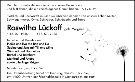 Traueranzeige von Roswitha Lückoff von Dill Block