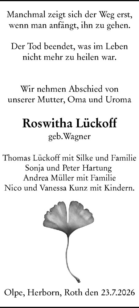 Traueranzeige von Roswitha Lückoff von Dill Block